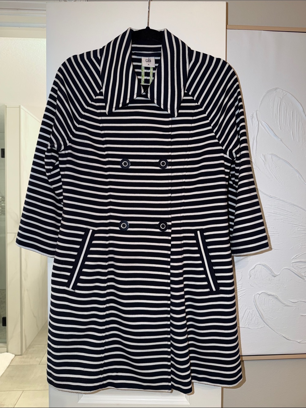 CAbi Navy & White Striped Maritime Trench Double-Breasted Jacket EUC Size M